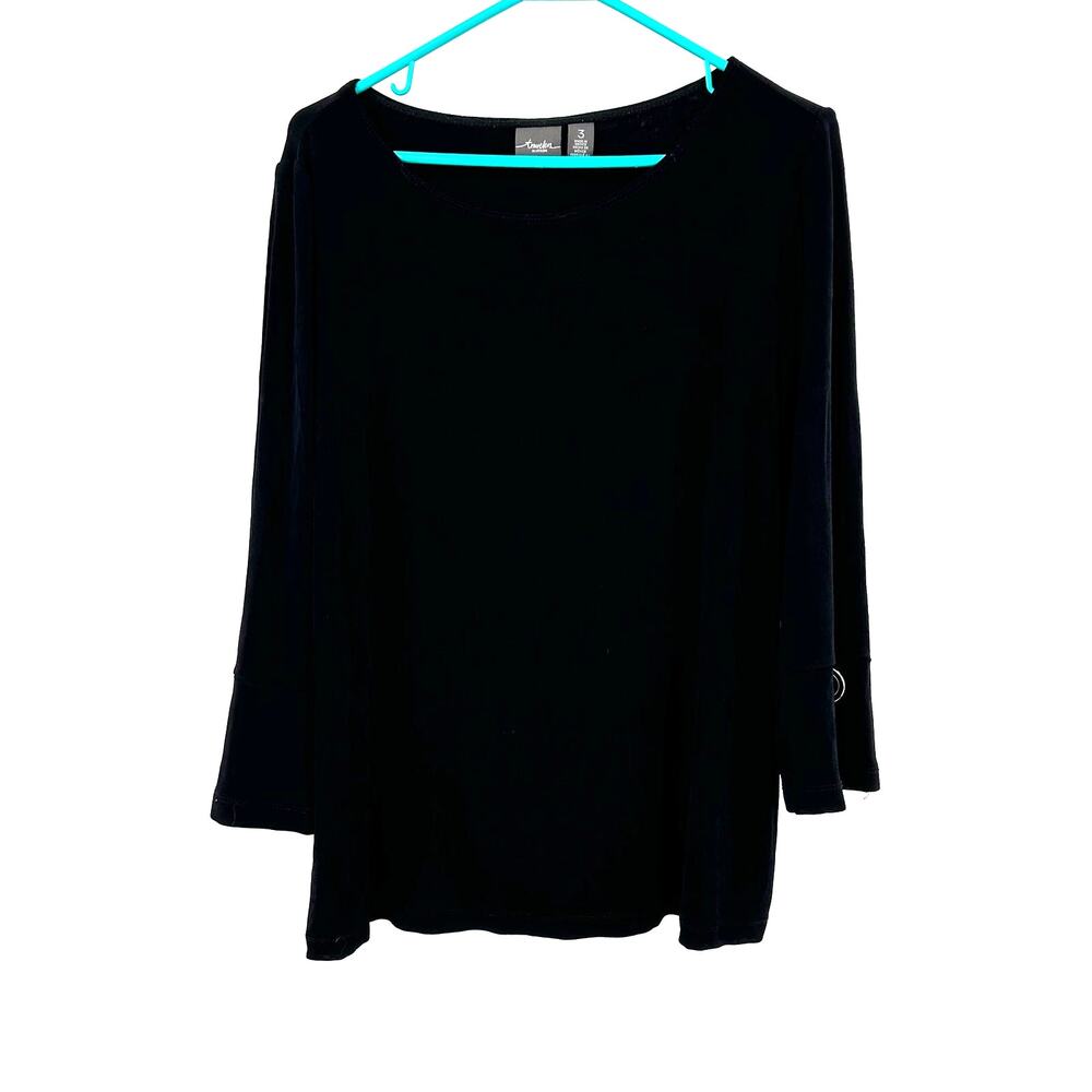 Travelers by Chicos Size 3 XL‎ Blouse Black Rivets Eyelets Bell Long Sleeve